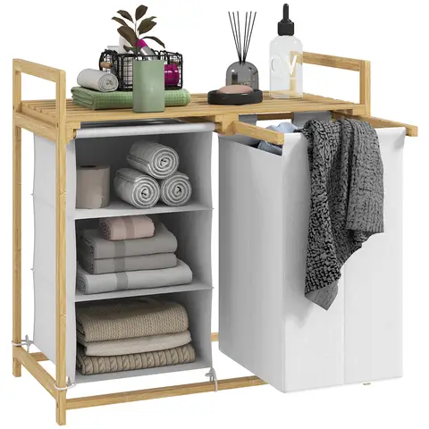 HOMCOM Wäschekorb 4 Fächer Bambus Wäschesammler 83L mit 2 ausziehbaren & abnehmbaren Wäschesäcken aus Vliesstoff, Ablage Wäschebox mit Griff Wäschesortierer 70 x 36 x 70 cm Weiß