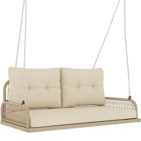 Outsunny Banc Suspendu en Résine Tressée 2 Places avec Coussins Amovibles et Lavables, Balancelle de Jardin Extérieure avec Chaînes en Acier, Charge 240 kg, 115x66x44cm, Beige