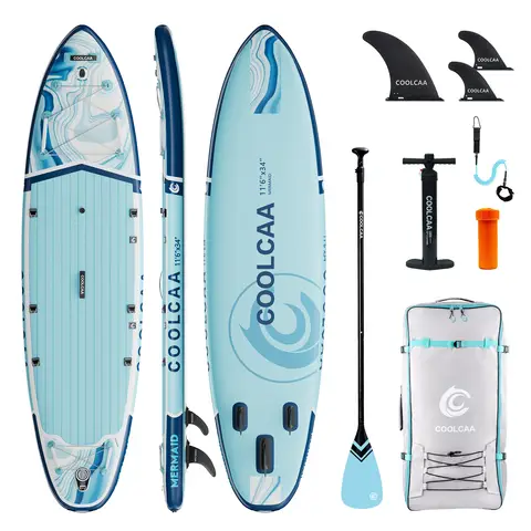 COOLCAA Mermaid Series Inflatable Stand Up Paddle Board 11'6" Set with Fiberglass Paddle (Light Blue)