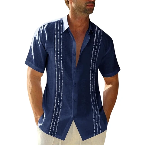 Men's Short Sleeve Guayabera Shirts Linen Cotton Button Down Mexican Embroidered Cuban Wedding Shirt Summer Beach Tops (darkblue, XL)