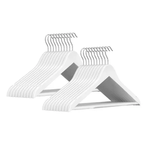 JOYFURNOS Weiß & Silber Holzkleiderbügel (20er Set) – Schultereinkerbungen, 360° drehbarer Haken, Rutschfester Hosensteg – Perfekt für Anzüge, Hemden & Mäntel