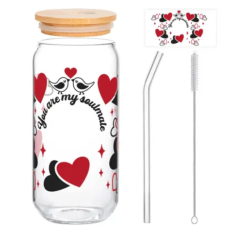 Alphynix 1pc “You Are My Soulmate” Glass Tumbler, 500ml Clear Cup with Red Hearts & Bird Design, Includes Wood Lid & Glass Straw, Valentine‘s Day Gift for Couples