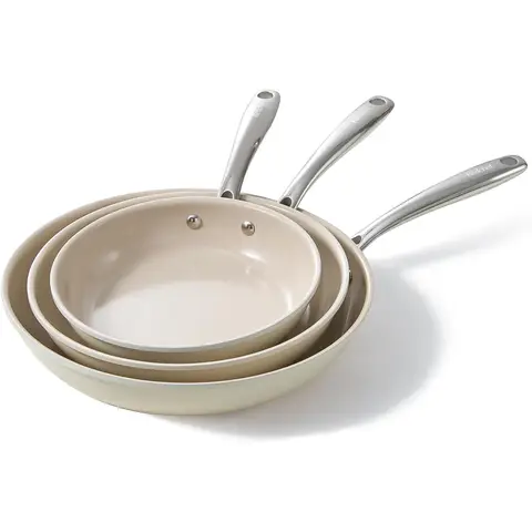 Redchef Gemstone II - Set de 3 poêles à frire en aluminium, revêtement céramique, extérieur blanc et intérieur marron