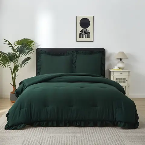 Meeallhome  Comforter Set  Vintage Ruffle Bed Set 260*220cm/60*80cm*2  dark green