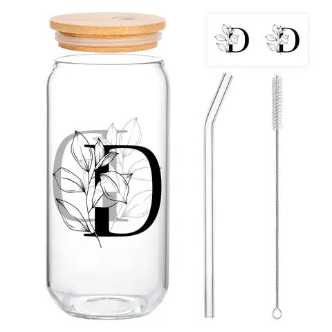 Alphynix 1pc Modern Glass Cup, 500ml Tall Iced Coffee Glass with Monogram "D" Design, Bamboo Lid & Straw, Cold Drink Tumbler for Iced Tea, Juice, Boba