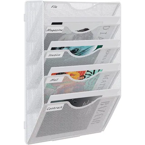 5 Tier A4 Mesh Assembled Wall Pocket File Holder,White