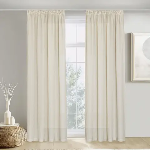 PONY DANCE Semi Sheer Linen Curtains with Pencil Pleat, 2 Panels W140 x L245 cm(W55 x L96 inch), Beige