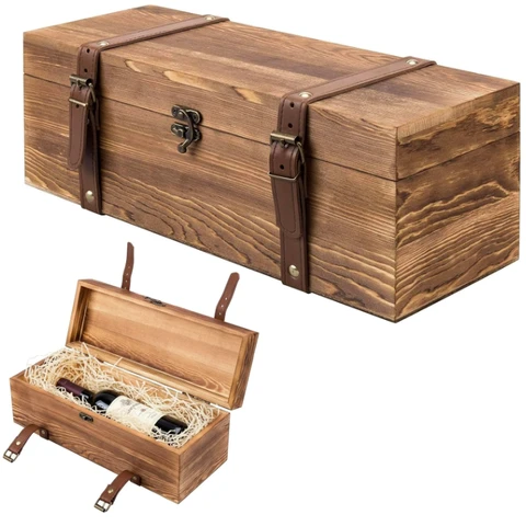 MyGift Vintage Holz-Weingeschenkbox - Einzel-Flaschenhalter mit Verschlussriegel & Lederbändern, Rustikal Braun Hochzeit Champagner, Bier (14x5x5 Zoll)