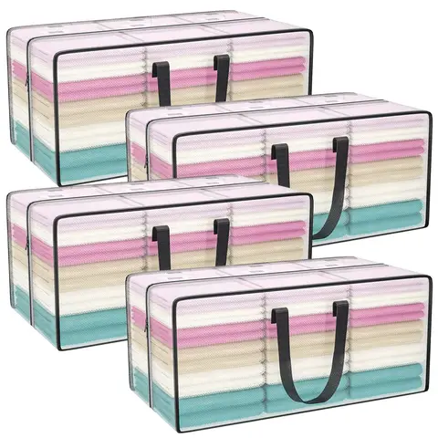 Pack of 4 Large Storage Bags with Lid, Transparent Moving Boxes Large with Zippers Handle Clothes Storage Moving Bags for Moving Camping Bed Linen Clothing Storage
