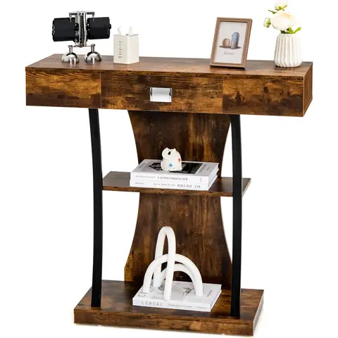 COSTWAY T-Shaped Console Table for Small Space-Brown