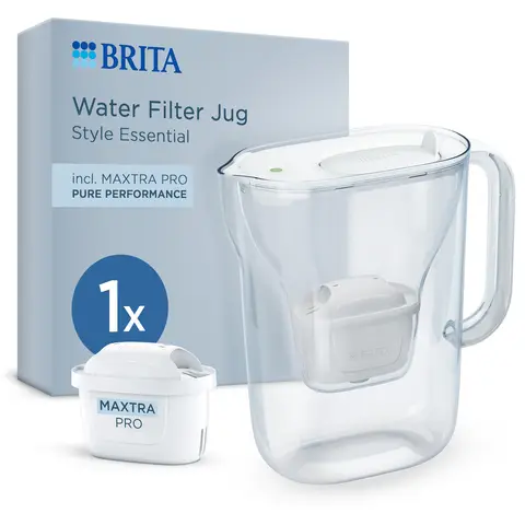BRITA Water Filter Jug Style Essential White incl 1x MAXTRA PRO Pure Performance Cartridge - Fridge-Fitting Design Pitcher with Smart LED-LTI and Flip-Lid Reduces Chlorine, Limescale and Impurities