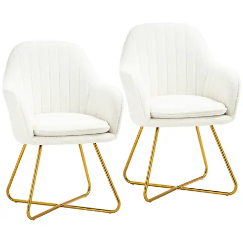 HOMCOM Accent Chair Set of 2, Boucle Tub Chairs with Gold Metal Legs, Thick Cushion, Modern Armchairs for Living Room, Bedroom, Makeup, Reading Nook, Cream White