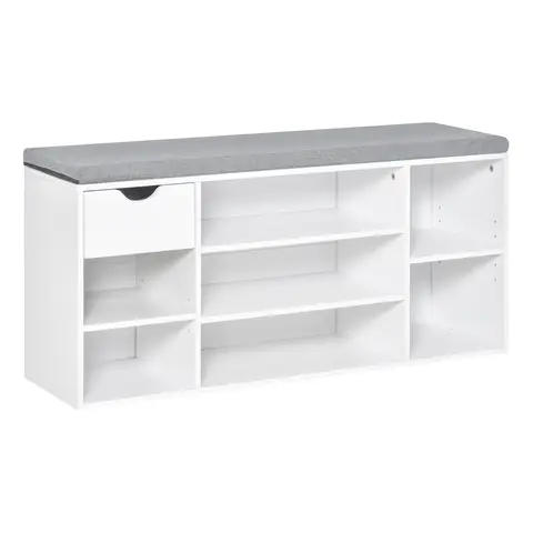 HOMCOM Shoe Bench with Seat Cushion Shoe Storage Cabinet with 7 Compartments Drawer Adjustable Shelves White