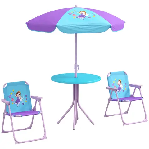 Outsunny Kids Bistro Set Children Table and Chair Set Garden Furniture Fairy Themed 4 Pieces w/ Adjustable Parasol, Foldable Chairs for 2-5 Years – Blue