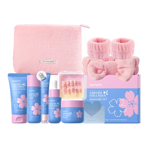 Quiyum Kit de soins au collagène Sakura (8 pièces) : Comprend nettoyant 50g, tonique 120ml, sérum 30ml, crème contour des yeux 20g, crème 50g, serre-tête, autocollants pour ongles et trousse de maquillage.