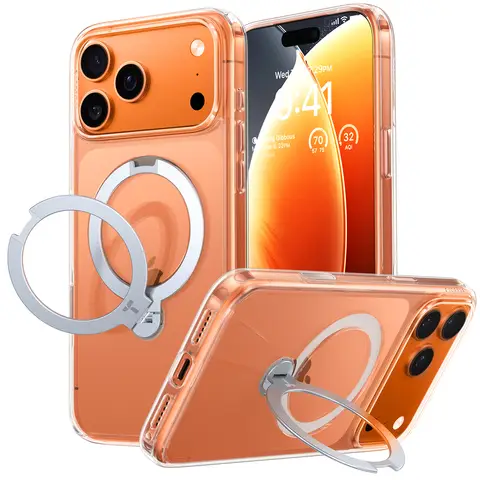 TORRAS Coque Série Ostand Spin pour iPhone 17 Pro [Support magnétique rotatif à 360°] [Protection militaire], [Finition mate antidérapante et anti-traces de doigts] - Transparente