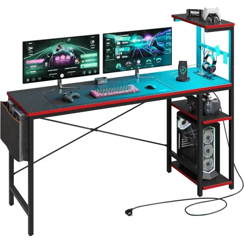 Bestier 113 cm Eck-Computerarbeitsplatz mit Steckdosen, Computerarbeitsplatz mit LED-Lichtern, Reversibler Schreibtisch mit Seitenfach, Aufbewahrungsbeutel & Zubehörhaken für Home-Office, kleine Räume, Schwarz
