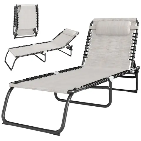 Outsunny Foldable Sun Lounger, Outdoor 4 Level Adjustable Backrest Reclining Chaise Chair, Steel Frame Recliner Chair for Cam