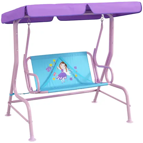 Outsunny 2 Seat Kids Swing Chair with Adjustable Canopy, Fairy Themed Double Kids Garden Swing Bench with Safety Belts for Patio Park Porch, for Ages 3-6 Years - Blue