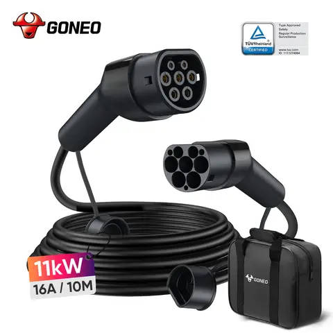 GONEO Typ 2 Ladekabel 11KW 16A 10m 3-phasig TÜV-zertifiziert Ultraschallschweißung versilberter Stecker IP54 wasserdicht feuerfest PA66+TPU mit Tasche