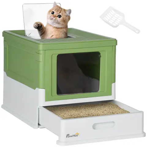 PawHut Cat Litter Box with Pull-Out Drawer Pan, Foldable Hooded Litter Tray with Lid & Scoop, Easy Clean, Odour Control Emera