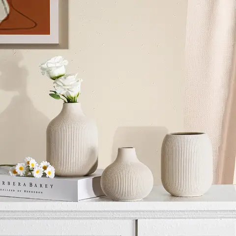 [3Pcs] 5.9in/15cm, Ceramic Vase Beige - Minimalist Vases with Rill Design, Compact Transitional Decoration for Living Room, Bedroom, Office