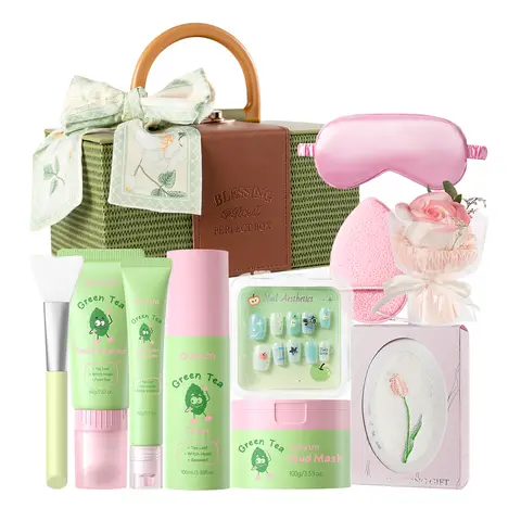 QUIYUM Green Tea Skincare Set (11pcs): Includes Cleanser 80g, Toner 100ml, Eye Cream 20g, Mud Mask 100g, with Nail Stickers, Towel, Mask Brush, Eye Mask, Face Sponge, Soap Flower, and Makeup Case.