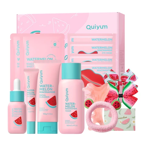 QUIYUM Coffret de soins à la pastèque - Nettoyant visage 100 g, Lotion tonique 160 ml, Sérum 30 ml, Crème contour des yeux 20 g, Masque contour des yeux 6 g × 2, Masque à lèvres 6 g × 2, Masque visage 25 g × 2, avec bandeau, outil de massage et barrettes à cheveux × 2 
