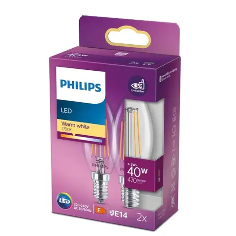 Philips Light Bulb LED Candle Filament Screw E14 Warm White 40W Non-Dimmable