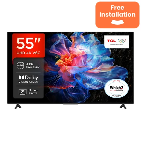 TCL 55V6C 55” Direct LED TV, 4K HDR TV, Smart TV Powered by Google TV (Dolby Vision & Atmos, Motion clarity, compatible with Google Assistant & Alexa)