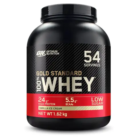 Optimum Nutrition Gold Standard 100% Whey Protein Powder - Vanilla, 24g Protein, 5.5g BCAAs, Low Sugar - 1.62kg (54 Servings)