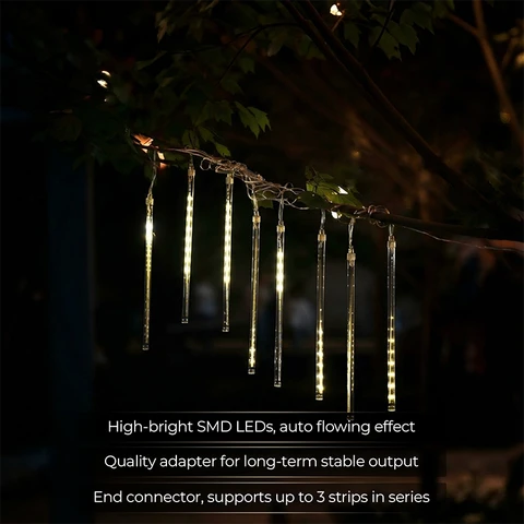 M.TK Vallende Regen LED-lichtslinger met 15 buizen, 720 LED's, waterdicht, sneeuwval-ijspegel kerstverlichting (warm wit)