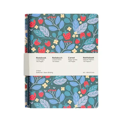 Jubiluu A5 Softcover-Notizbuch Stitch, 3er-Pack - 50 Blatt (80 g Offsetsortiment) - klassisches Journal in Creme, gelinient - für Schule, Büro, Journaling oder Alltagsnotizen - Berry-Floral