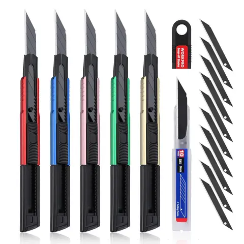 WORKPRO 5-Stück Cuttermesser Set 9mm Aluminium 10 Abbrechklingen Pro Portabel Einziehbar