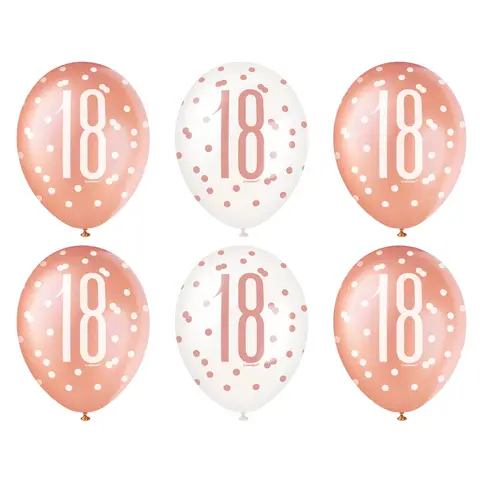 Unique Party Latex 18th Birthday Balloons, Glitz Rose Gold, 30cm, 6 Pack