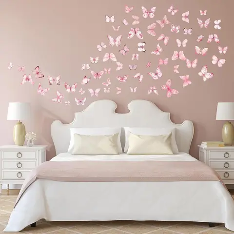 JU7CER 3-piece set of 20x30cm blue-light wall decals Glow-in-the-dark wall decals Pink-printed blue-light butterfly Girl's bedroom Nursery wall decals