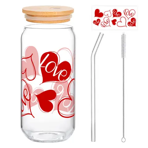 Alphynix 1 Love-Glas, 500ml klares Kaltgetränkeglas mit rotem Herzenmuster, inklusive Bambusdeckel & Strohhalm, Valentinstagsgeschenk für Paare,Geschenk zum valentinstag, geschenk zum geburtstag