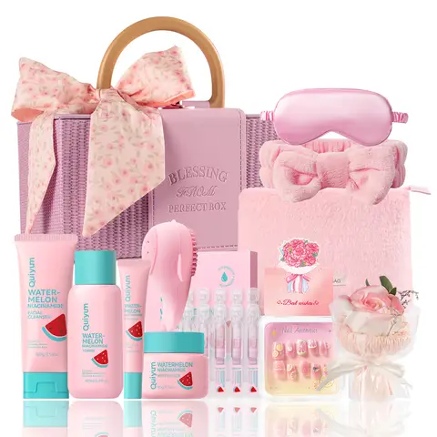 QUIYUM Watermelon Skincare Set (12pcs): Includes Cleanser 100g, Toner 160ml, Serum 2ml×10, Eye Cream 20g, Cream 50g, plus Nail Stickers, Makeup Case, Makeup Bag, Headband, Eye Mask, Soap Flower, and Cleansing Brush.