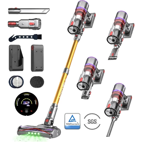MONSGA X UNINELLHOME UV5 Aspirateur Sans Fil, Aspiration de 60 000 Pa, Brosse Anti-Emmêlement Extra-Épaisse, Gestion Intelligente de la Batterie par IA, Jusqu’à 65 Min d’Autonomie, Aspirateur Balai Autonome avec Écran Tactile LED pour Poils d’Animaux, Tapis et Maison