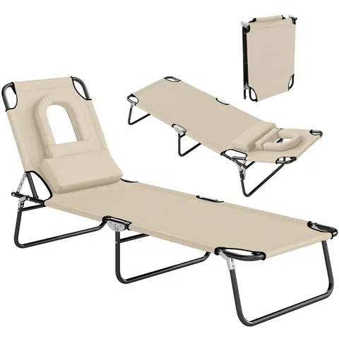 Folding Sun Lounger with Pillow Beige