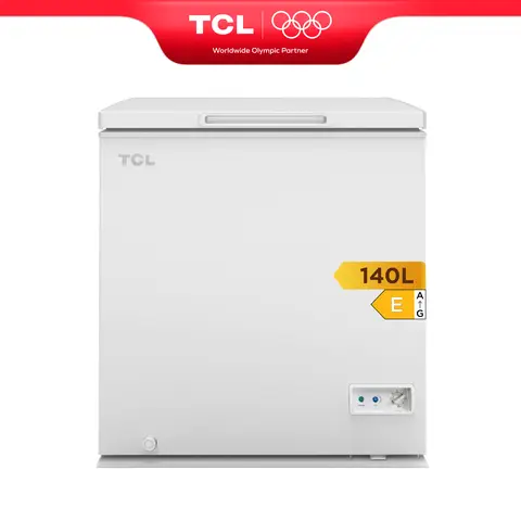 TCL CF182EWE0FR Congélateur 140 L, panier de rangement inclus, couvercle à équilibrage par contrepoids, convient pour diverses applications, thermostat réglable, pieds réglables [Classe énergétique E]