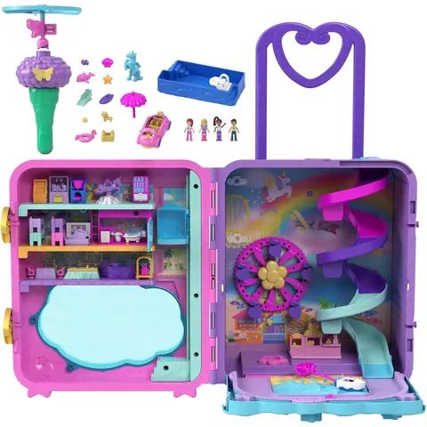 Polly Pocket Pollyville Urlaub im Koffer - 4 Puppen, 1 Fahrzeug, 25+ Zubehörteile, Strand, Promenade, 3-stöckiges Hotel mit Hubschrauber, für Kinder ab 4 Jahren, HKV43