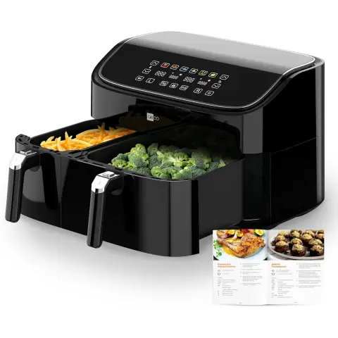 aeco DUO Doppelkammer AirFryer 9 Liter (3l & 6l, Sync-Funktion, Heißluftfritteuse mit digitalem Touch-Display & Dehydrierungsfunktion, 2850 Watt, 80°-200° einstellbar, 6 Programme, inkl. Rezeptheft)