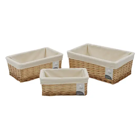 JVL Acacia Rectangular Willow Storage Baskets with Lining - Set of 3, Honey Finish