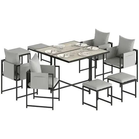 Outsunny 9 Piece Garden Dining Set, Cube Outdoor Garden Furniture Set with Cushions, 8 Seater Garden Table and Chairs with 4 Stools, Square Plastic Top Table, Side Pockets for Conservatory, Dark Grey