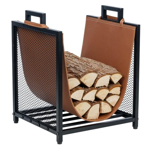 MyGift Moderner Schwarzer Metall-Kaminholzständer mit brauner Lederimitat-Holzschlinge, Drahtgitter-Design und Tragegriffen, Kompakter Anzündholz-Lagerständer