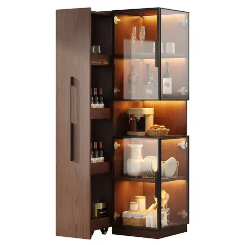 Displaykast, LED, Dubbel glas, Uittrekbare plank, Voor woon- & eetkamer, Walnootbruin