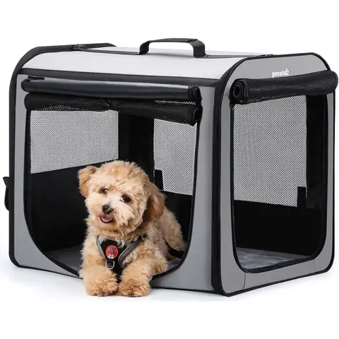 pecute Lightweight dog car carrier， easy to assemble dog car carrier， portable ventilated dog car crate， foldable indoor and outdoor pet carrier， green dog travel crate with curtain.