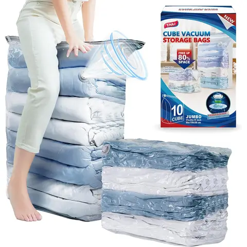 TAILI 10 Pack Vacuum Storage Bags, Space Saver Bags, Jumbo Cube 31x40x15 Inch, Extra Large Vacuum Sealed Bags for Comforters, Blankets, Bedding, Clothes, Closet Organization Space Saving, Clear