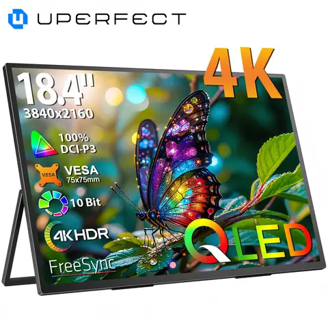 UPERFECT 18,4 Zoll 4K QLED Tragbarer Monitor mit 3840 x 2160 UHD-Display, integrierter Halterung, USB-C, Mini-HDMI, für PC, Laptop, Smartphone, Xbox, Switch, PS4/5, Metallgehäuse, tragbarer Bildschirm, VESA-Montagefähig